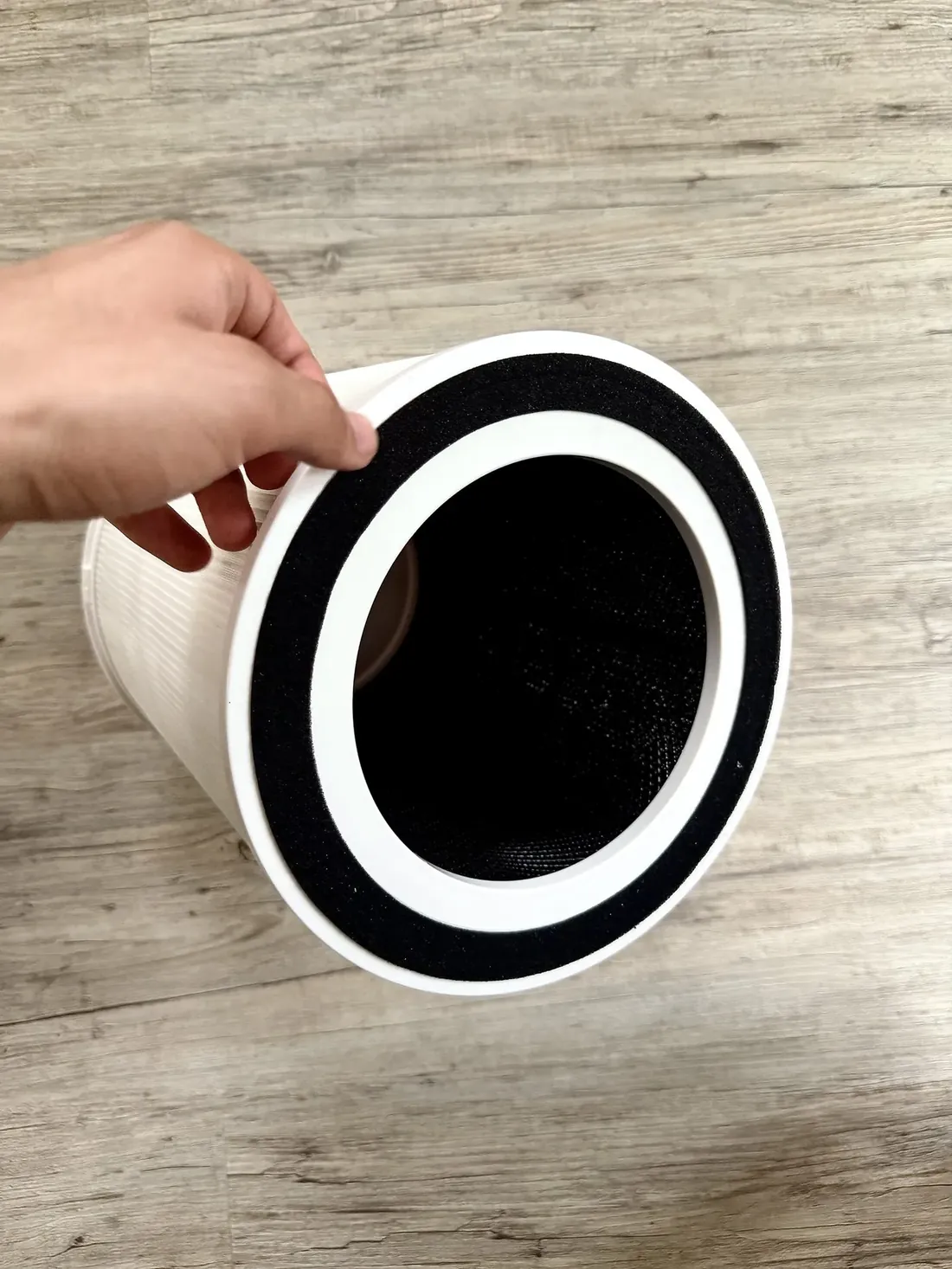 Filterkartusche des Avelia 440 mit Aktivkohle-Ring, beim Filterwechsel in der Hand gehalten